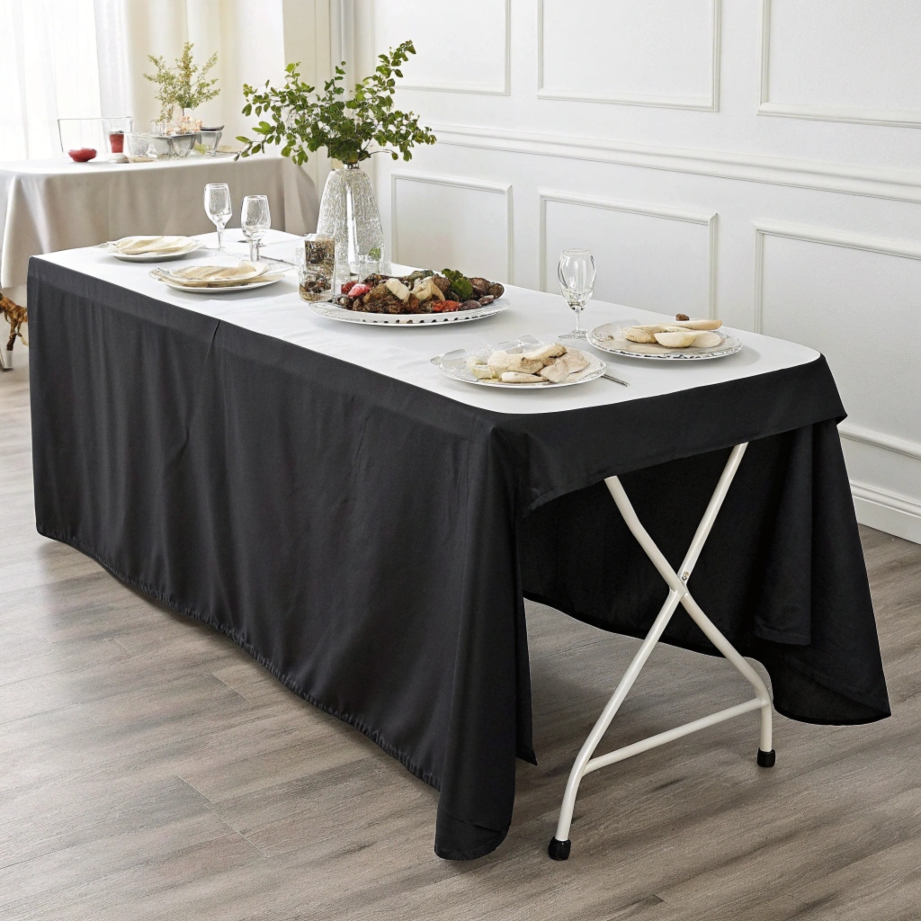 6 foot white folding serving table with black line